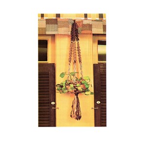 May include: A macrame plant hanger crafted from dark brown and cream-colored cord, featuring intricate knotted patterns that suspend a round pot containing a green leafy plant. The hanger terminates in a long, decorative fringe at the bottom.