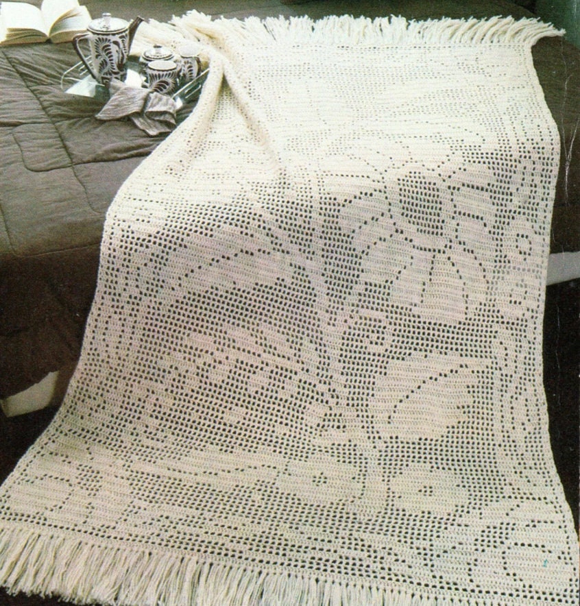 38 Crochet Leaf Patterns To Welcome Fall With Appliqués, Garlands, and Botanical Details 27 Filet Crochet Flower And Leaves Fringe Afghan Crochet