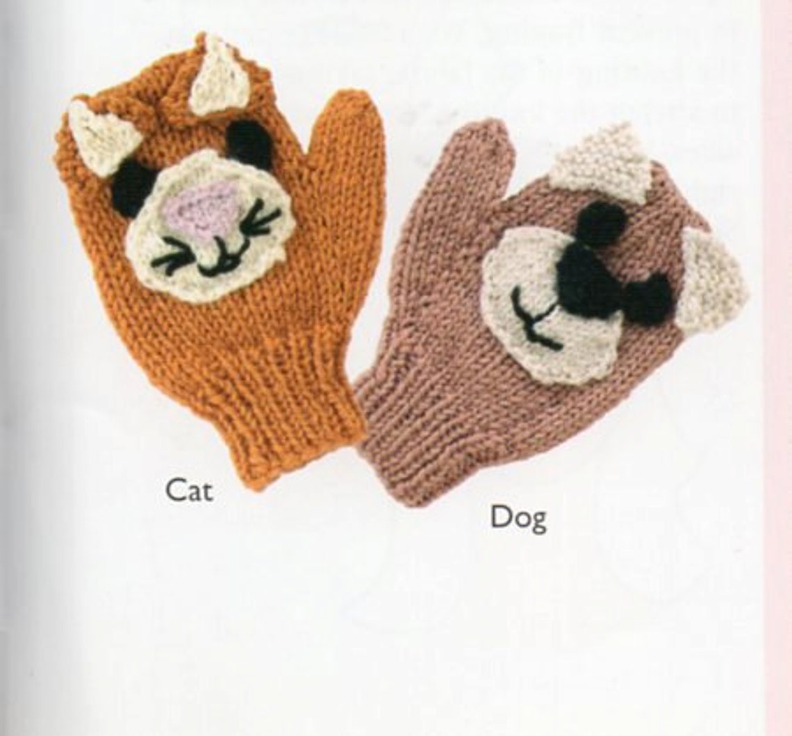 4 Pair Animal Mittens Knitting Pattern Pet Cat Dog Bear Tiger Mittens ...