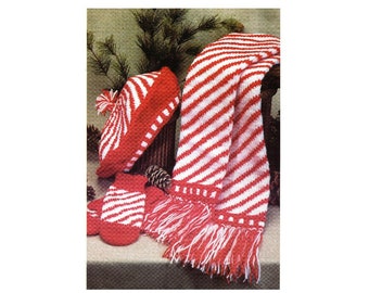 Candy Cane Scarf Mittens and Hat Knitting Pattern Peppermint Stripe Scarf Gloves and Tam Hat Scarf PDF Instant Download