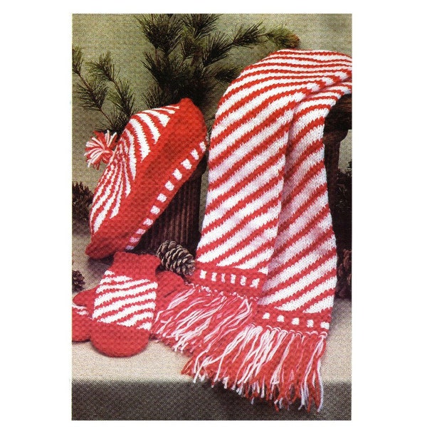 Candy Cane Scarf Mittens and Hat Knitting Pattern Peppermint Stripe Scarf Gloves and Tam Hat Scarf PDF Instant Download