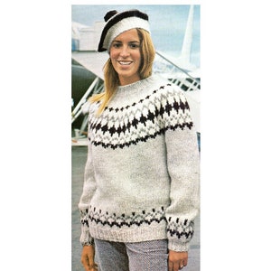 Fair Isle Pullover Sweater and Beret Knitting Pattern Icelandic Sweater Beret Hat Cap Knitting Pattern PDF Instant Download