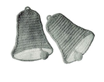 May include: Two bell-shaped crochet items featuring a grey textured body and a white bottom edge. Each piece includes a small grey circular accent attached to the lower rim and a small loop at the top for hanging, crafted with visible yarn stitches.