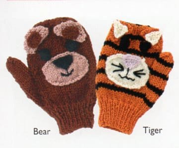 4 Pair Animal Mittens Knitting Pattern Pet Cat Dog Bear Tiger Mittens ...