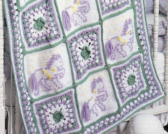 Patrón de ganchillo para manta de bebé con caballos y flores, pony con flecos y borlas, para bebé, niño pequeño o niña. Patrón de ganchillo en PDF para descarga instantánea.