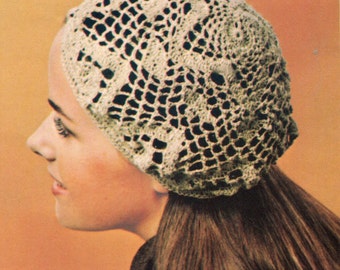 Modello per berretto all'uncinetto con pizzo anni '70, modello per berretto a rete all'uncinetto in PDF, download immediato
