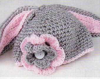 Patrón de ganchillo para gorro de conejito con orejas caídas para niños pequeños. Patrón de ganchillo para gorro de conejito con orejas caídas y flores en formato PDF. Descarga instantánea.