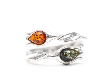Two Tone Amber Tulip Ring - Adjustable Amber Ring | Dainty Gemstone Ring | Baltic Amber & Sterling Silver Ring