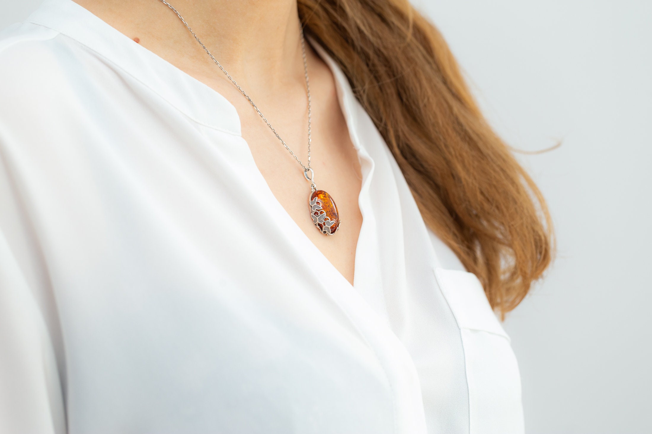 Oval Amber Pendant with Butterfly Design Nature Inspired | Etsy