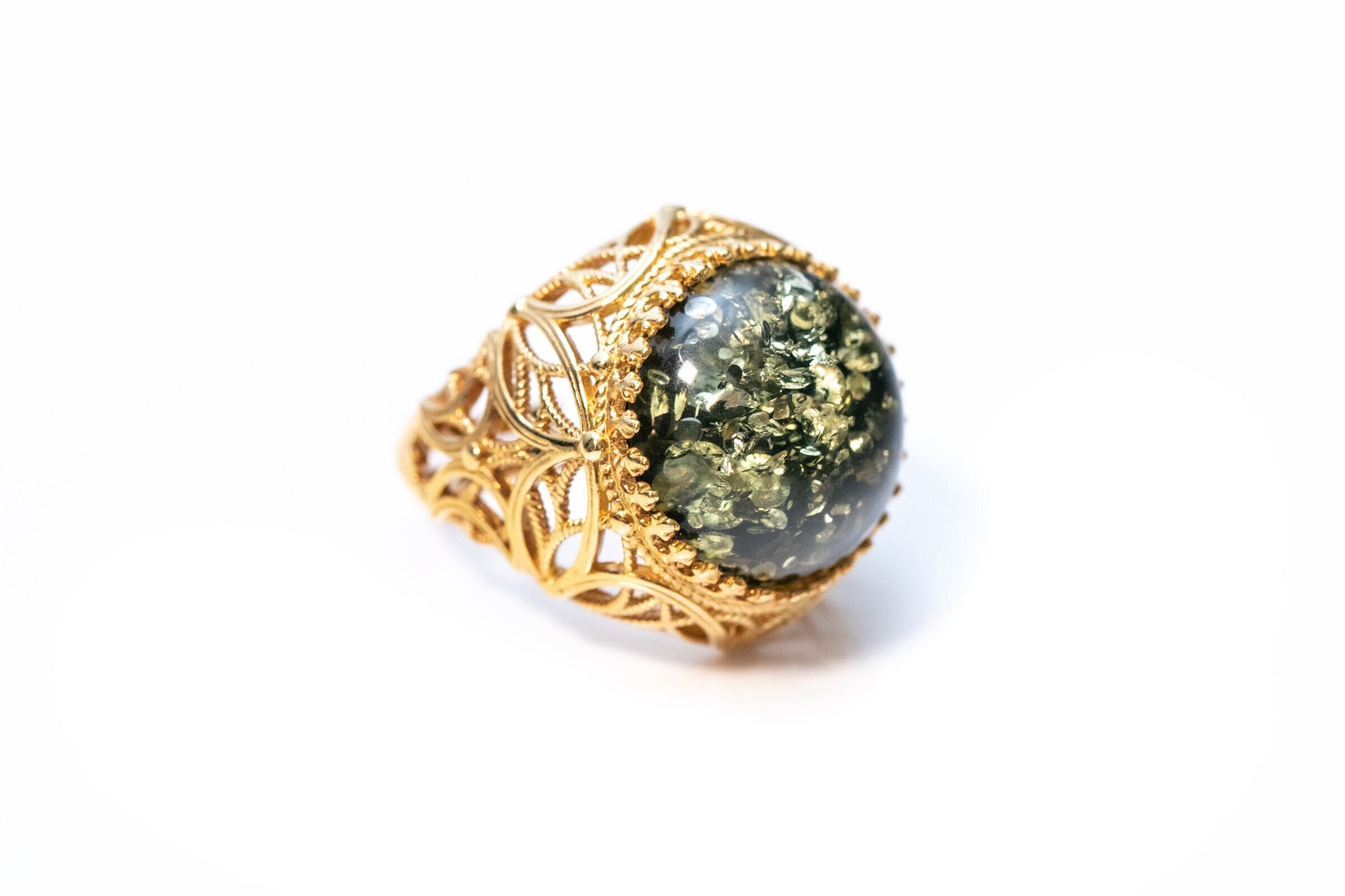 Green Amber Ring With Luxury Detailed Gold Plating Big Etsy UK