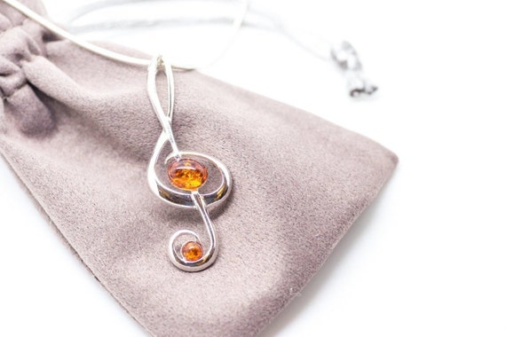 Treble Clef Pendant Earrings Set Sterling Silver Natural Amber Jewelry Jewellery