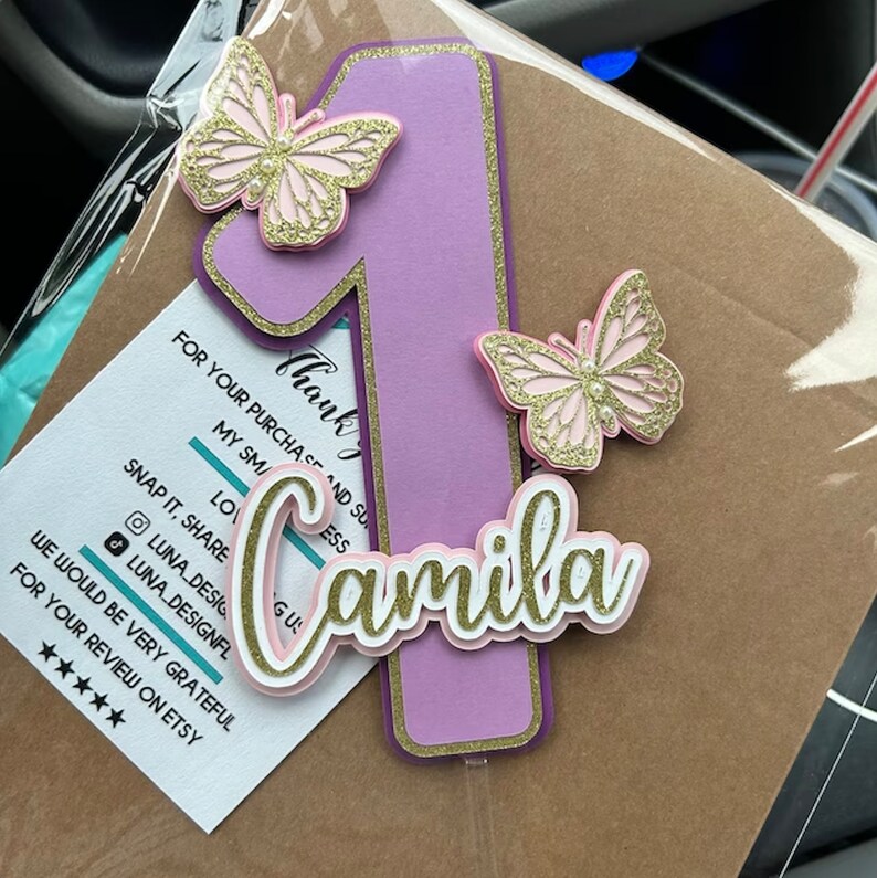 Enchanting Butterfly Cake Topper Name & Age Customization Elegant Pink
