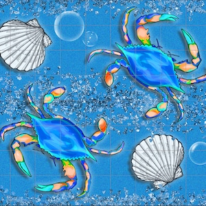 Puede incluir: Dos cangrejos azules con acentos naranja y verde sobre un fondo azul con conchas blancas y burbujas.