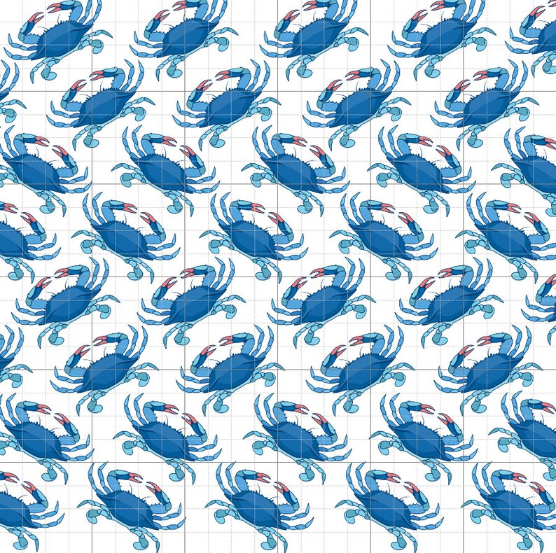 May include: A seamless pattern featuring blue crabs with red claws on a white background. The crabs are arranged in a repeating pattern, creating a dynamic and visually appealing design.