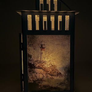 Rustic Lighthouse Lantern, Metal Decoupage Lamp with Antique Mirror Effect, Coastal Candle Holder for LED or Real Candle