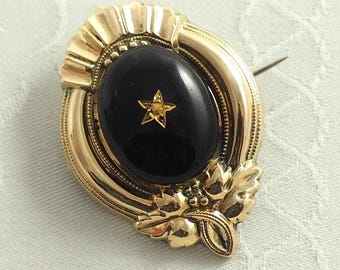 Antique Victorian Mourning Brooch, Gold Filled and Black Enamel ,Star, Vine Leaves, Germany 1860-80