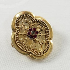 Broche antigo folheado a ouro vitoriano: broche de pedra em pasta de quatrefoil filigrana, Alemanha, década de 1880