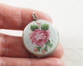 Vintage 1930s 800 Silver and Enamel Locket, Guilloche and Hand Painted Enamel Pink Roses, Love Token, Marked 800, Germany 1930s