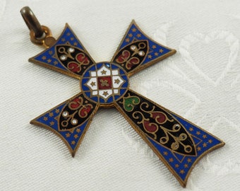 Vintage Cloisonné Enamel Cross Pendant: Templar Style, France 1930s