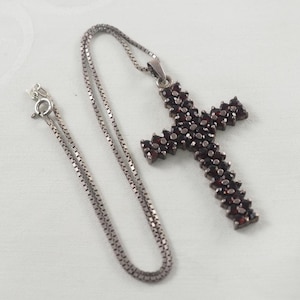 Vintage Bohemian Garnet Cross Pendant and Chain, 925 Sterling Silver, Choker Length Chain, January Birthstone, Germany 1970s