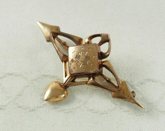 Antike Edwardian Bar Brosche Gold Fill: Jugendstil Herz Tropfen, Deutschland 1900-1910