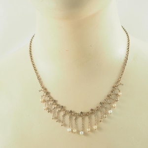 Victorian Gold Filled Faux Pearl Festoon Necklace: Antique Book Chain, Germany 1890s