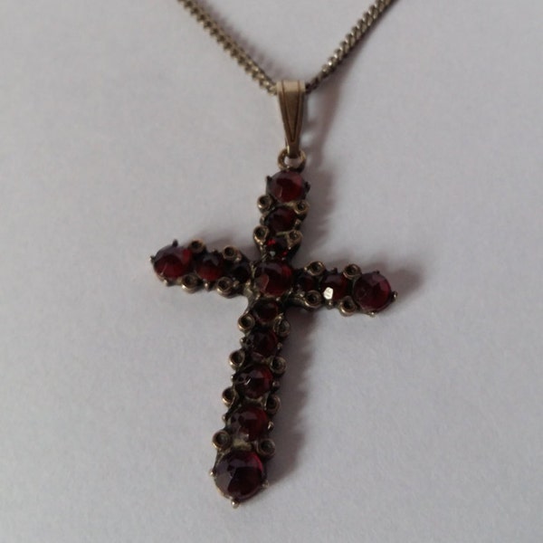 Antique Bohemian Garnet and Silver Cross Pendant, 800 Silver, Germany, 1900