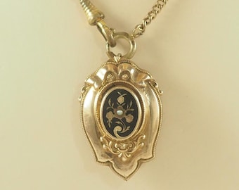 Antike viktorianische Gold Filled Medaillon Brosche, Schwarze Emaille, Rose von Sharon, Deutschland 1870