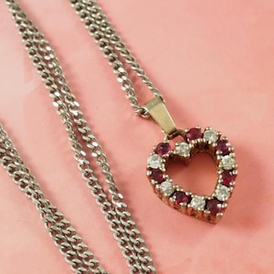 Vintage Sterling Silver Heart Pendant Necklace, Ruby & Paste, 1970s Germany