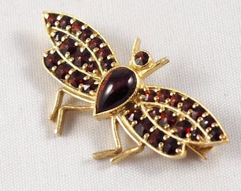 Vintage Bohemian Garnet Butterfly Brooch 900 Silver Gilt, Czechoslovakia 1960