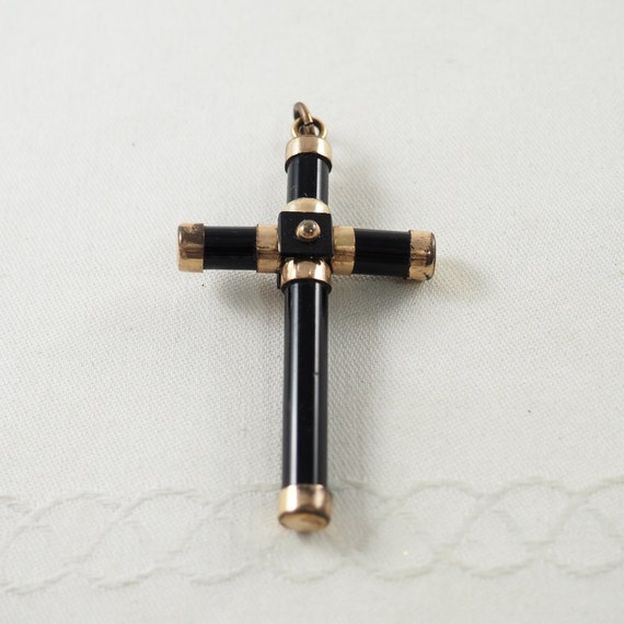 Antique Victorian Black Onyx and Gold Filled Cros… - image 2