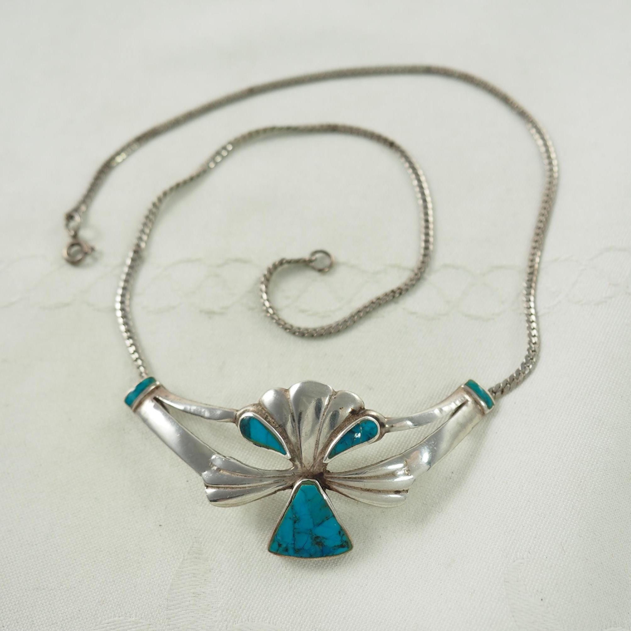 Vintage Taxco Sterling Silver Turquoise Necklace: Shell Motif