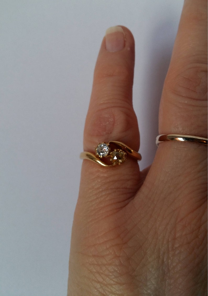 Ring Size USA 6.1 UK L 12 Engagement 18K Gold Antique Victorian White and Champagne Colored Diamond Cross-Over Ring Fancy Diamond