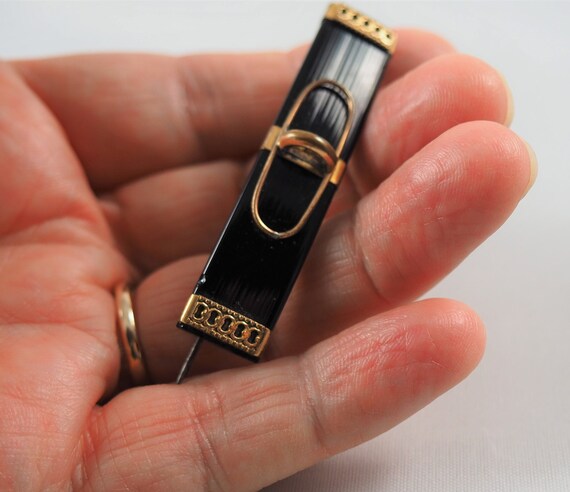 Antique Mid Victorian Onyx and Gilt Bar Brooch, G… - image 6