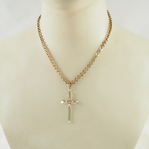 Charming Antique Victorian Gold Filled Cross Pendant on Ornate Book Chain Necklace, Rolled Gold, Fixed Pendant, Latin Cross, Germany 1880s