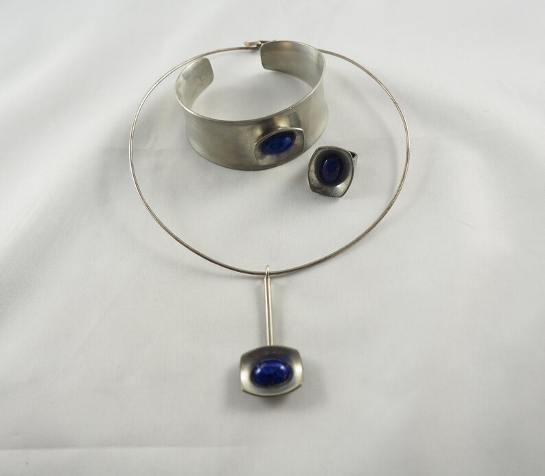 Vintage J\u00f6rgen Jensen Danish Modernist Pewter Pendant Adjustable Bangle and Ring,Lapis Lazuli Denmark 1970 Marked on Pendant and Bangle