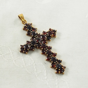 Vintage Art Deco Bohemian Garnet and 8K Gold Cross Pendant, Flat Cut Garnets, 333 Gold, January Birthstone, Germany or Bohemia 1930s