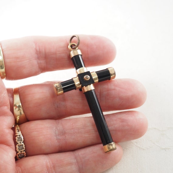 Antique Victorian Black Onyx and Gold Filled Cros… - image 8