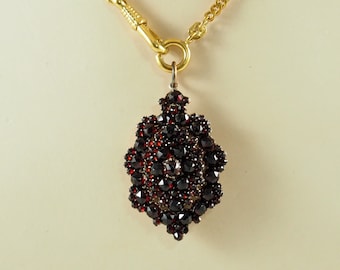 Antique Victorian Period Bohemian Garnet locket Back Pendant, Oval Setting in 3 Tiers, Rose Cut Garnets 2mm to 4mm, Ring Bail, Bohemia 1880s