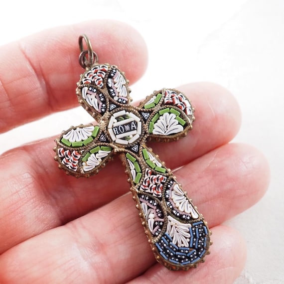 イタリア ヴィンテージ マイクロモザイクブローチ ROMA文字 ブルー