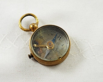 Antique Edwardian Lacquered Brass Pocket Compass, Silvered Brass Dial, Needle Lock Lever, Germany 1900-1910