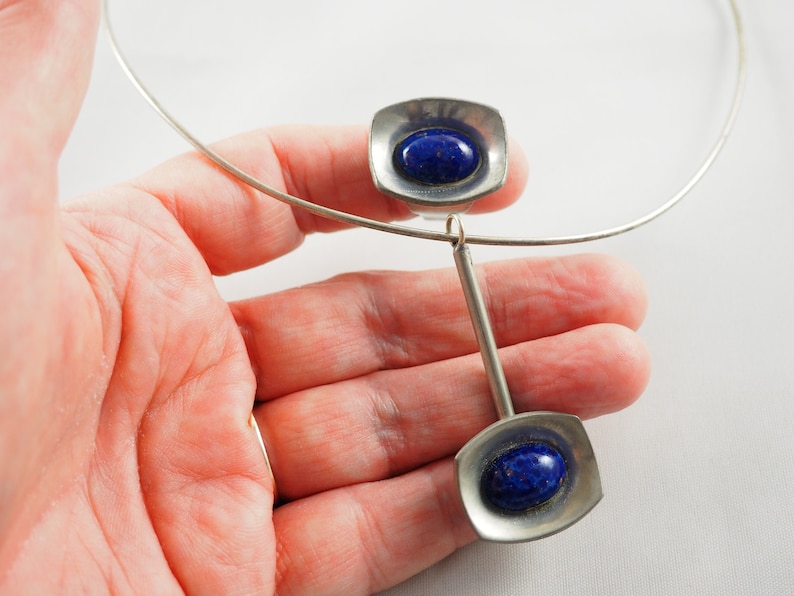 Vintage J\u00f6rgen Jensen Danish Modernist Pewter Pendant Adjustable Bangle and Ring,Lapis Lazuli Denmark 1970 Marked on Pendant and Bangle