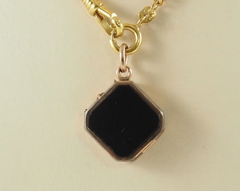 Antique Victorian Gold Filled Locket Fob with Onyx Panels to Back and Front, for 2 Photographs with Frames and 1 Glass, Germany 1880