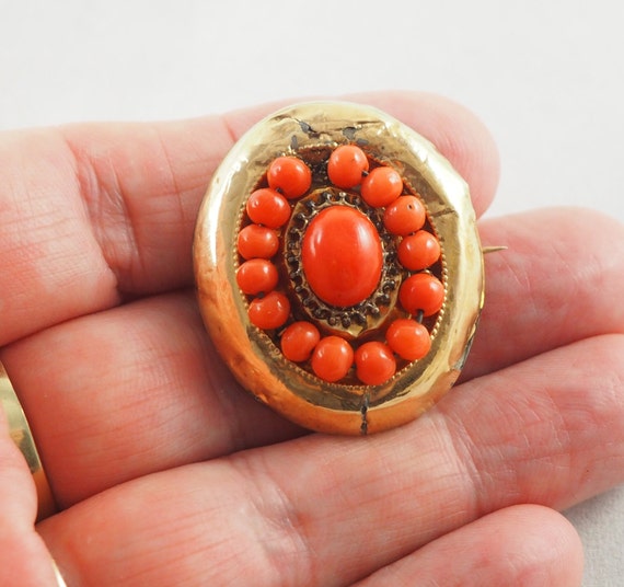 Antique Victorian Oval 14K Gold and Coral Brooch,… - image 2