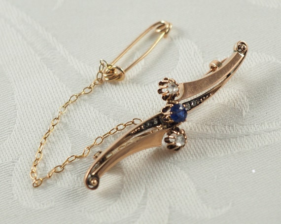 Antique Edwardian 8K Rose Gold, Sapphire and Diam… - image 4