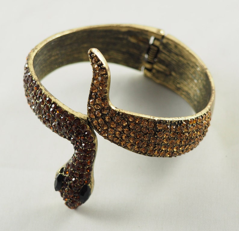 Set with Cognac Colored Rhinestones Slave Bracelet Vintage Costume Jewelry Snake Bracelet Sprung Hinge Fastening Germany 1970s