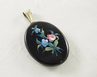 Antique Victorian Enamel Locket Back Oval Pendant, Black Enamel with Painted Roses and Forget Me Not, Glazed Hinged Panel, Germany 1860