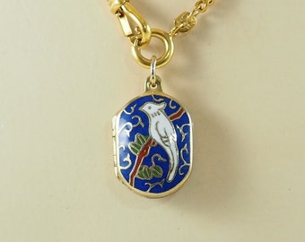 Vintage Emaille en Goud Gevuld Medaillon in Cloisonne Emaille, Witte Vogel op Blauwe Grond, Ongemarkeerd, Ketting alleen voor weergave, Duitsland jaren 1970