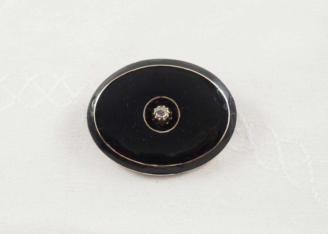 Antique Victorian 14K Gold and Black Enamel and Rose Cut Diamond