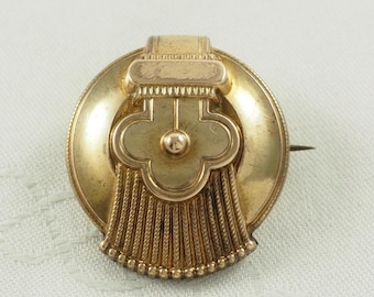 Antike viktorianische Brosche, Gold Filled, Sentimentale Schnalle und Quaste, Deutschland 1870